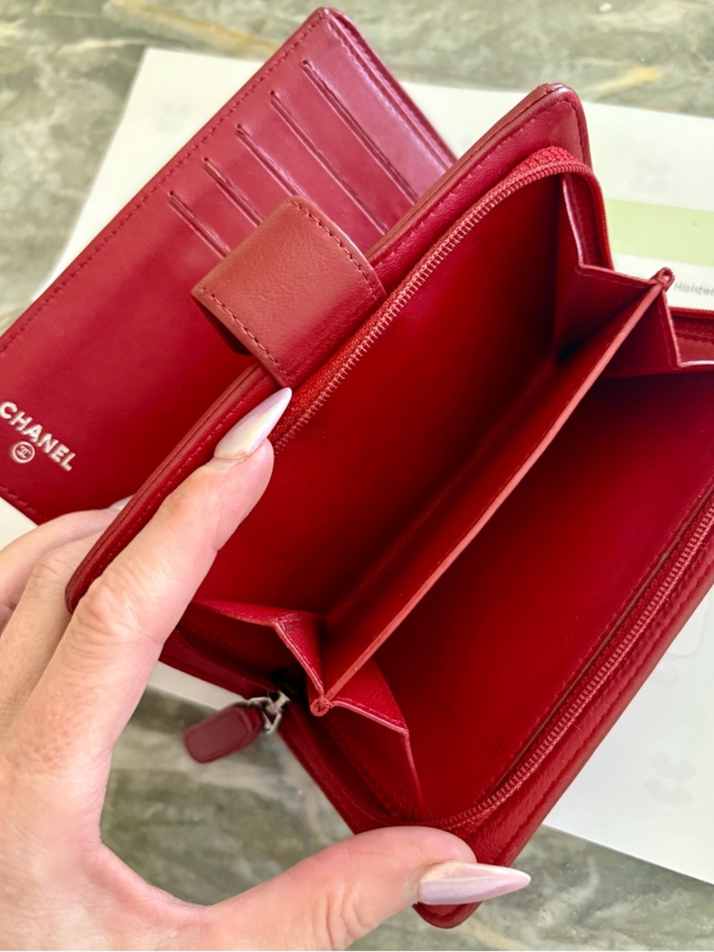 CERTIFIED CHANEL Red Floral Camellia Leather DOUBLE Coin Wallet cards CC w COA ! - Picture 3 of 9